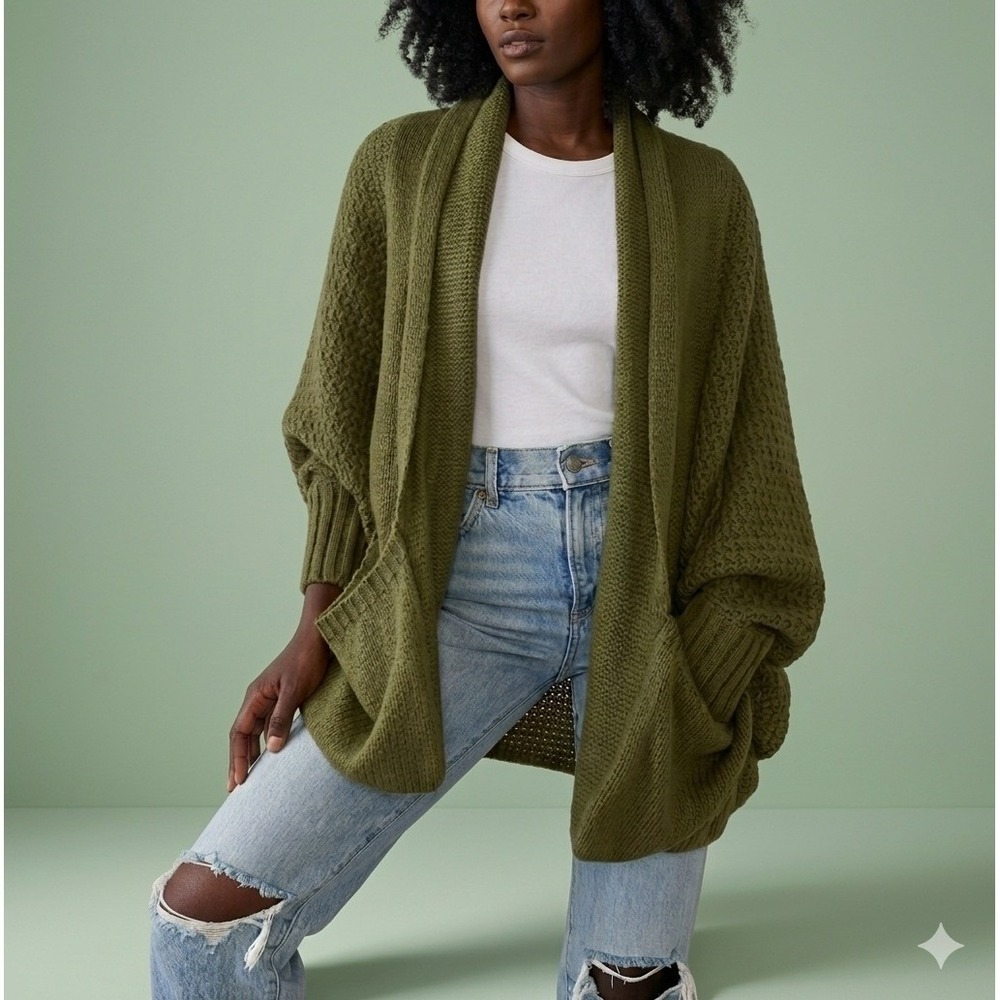 Davi & Dani Olive Green Chunky Knit Batwing Cardigan Sweater DWJ82202 Medium NWT